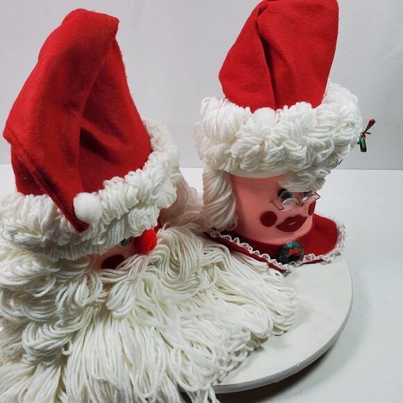 Vintage Santa & Mrs Claus Face Head Yarn Beard Christmas Handmade Shelf Sitters - Picture 7 of 11